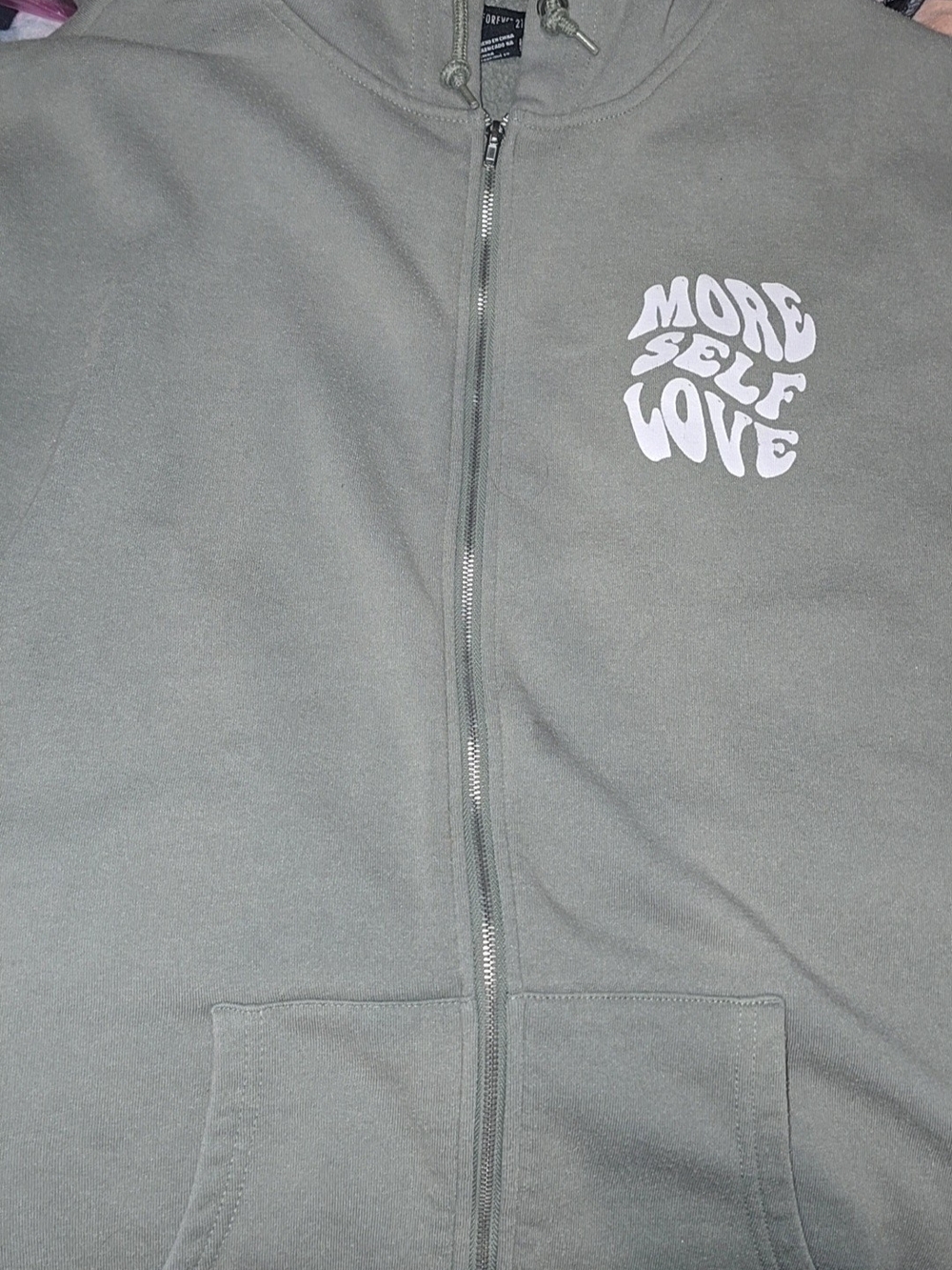 Forever 21 Olive Green Zip-Up Hoodie with "More Self Love" Graphic